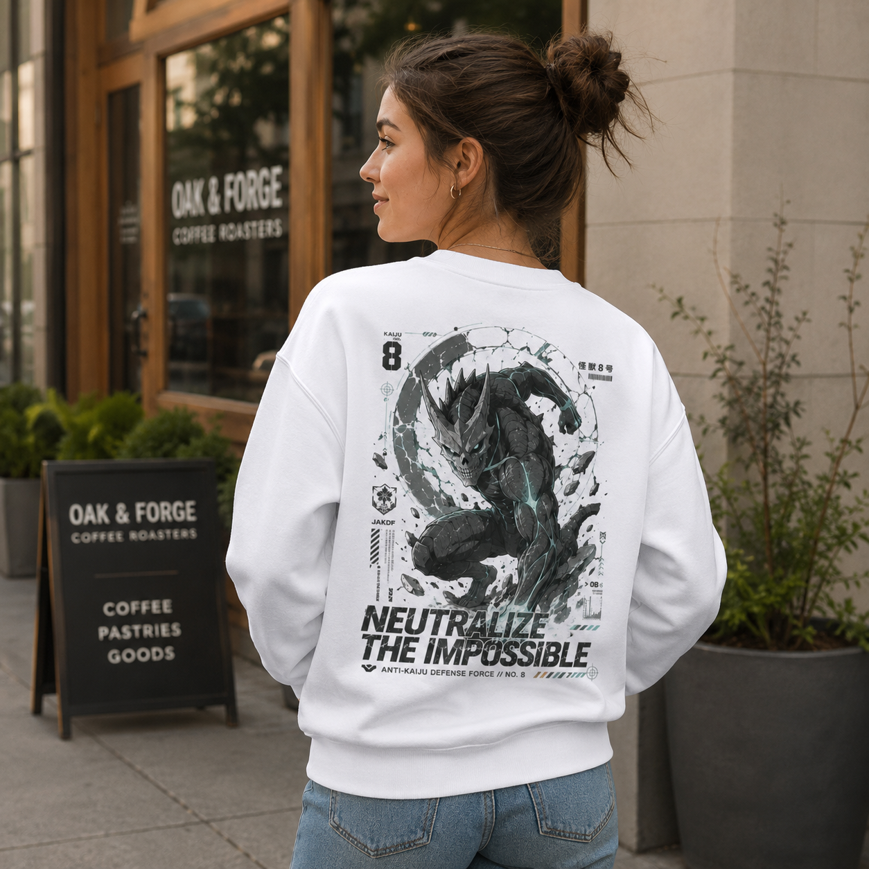 White sweatshirt with Kafka Hibino Kaiju No. 8 Neutralize The Impossible graphic – photo 3
