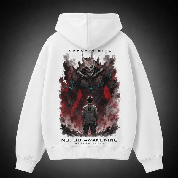 White hoodie with Kafka Hibino Kaiju No. 8 No. 08 Awakening graphic – photo 1