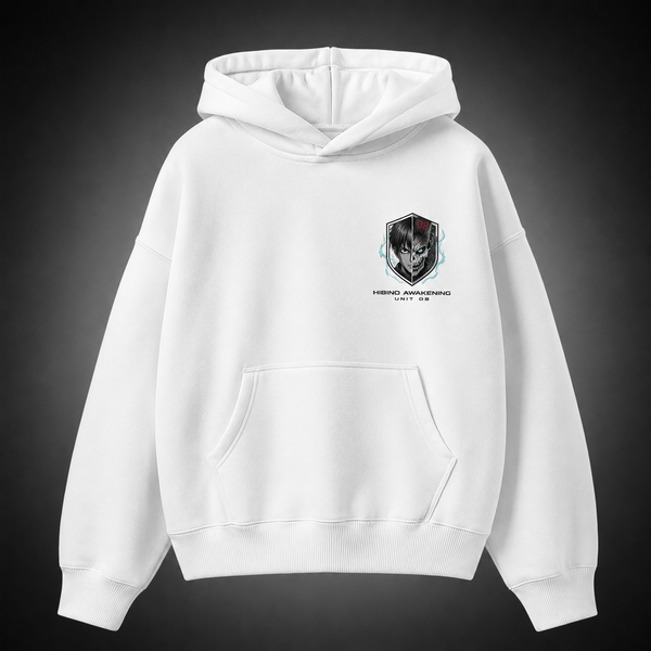 White hoodie with Kafka Hibino Kaiju No. 8 No. 08 Awakening graphic – photo 2