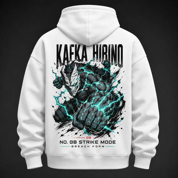 White hoodie with Kafka Hibino Kaiju No. 8 Strike Mode graphic – photo 1