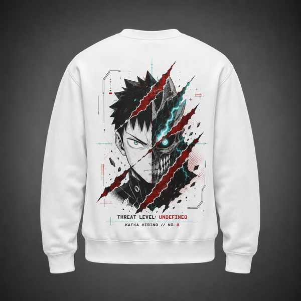 White sweatshirt with Kafka Hibino Kaiju No. 8 Threat Level Undefined graphic – photo 1