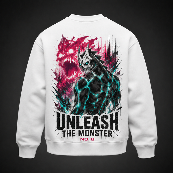 White sweatshirt with Kafka Hibino Kaiju No. 8 Unleash The Monster graphic – photo 1