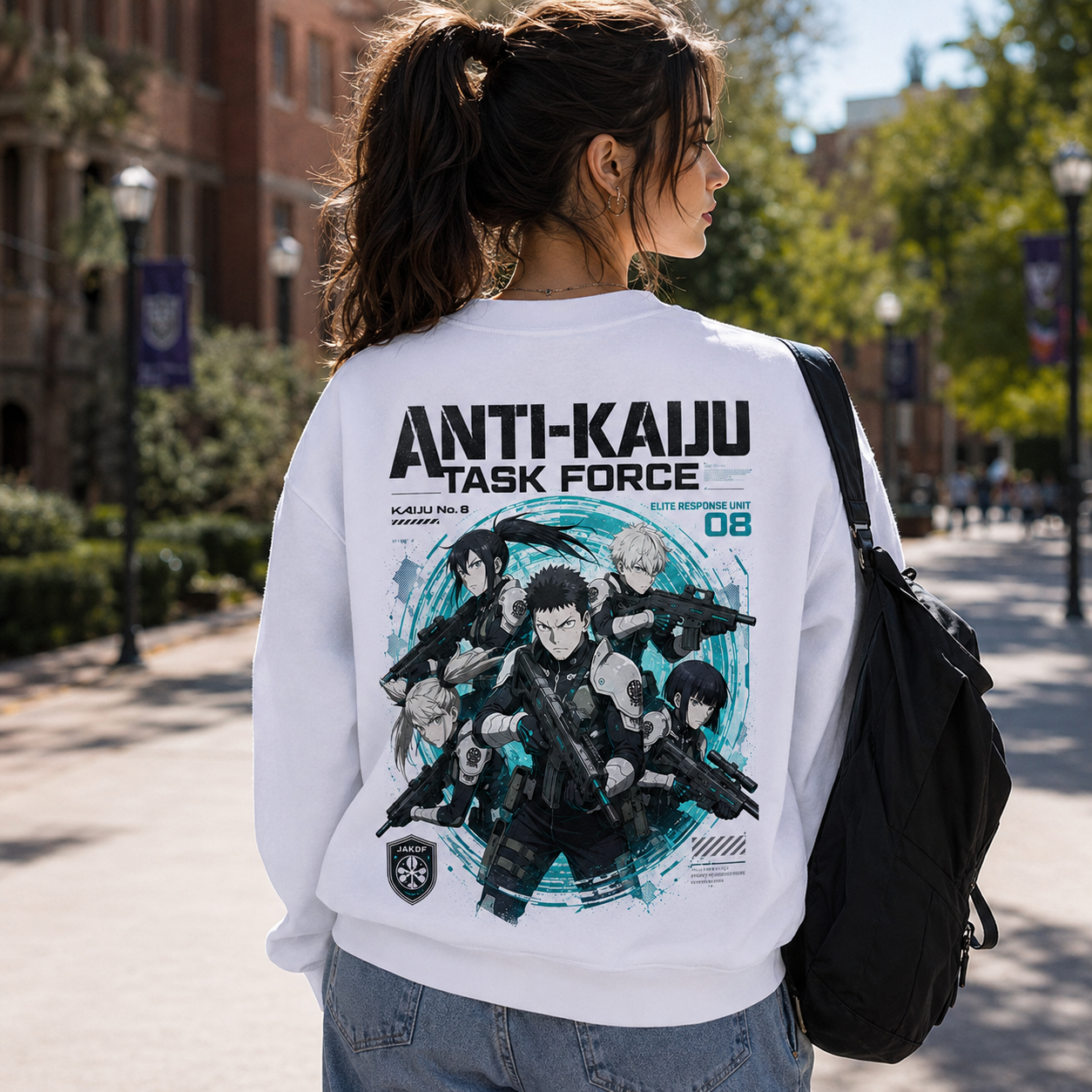 White sweatshirt with Kafka Hibino & Mina Ashiro Kaiju No. 8 Anti-Kaiju Task Force graphic – photo 3