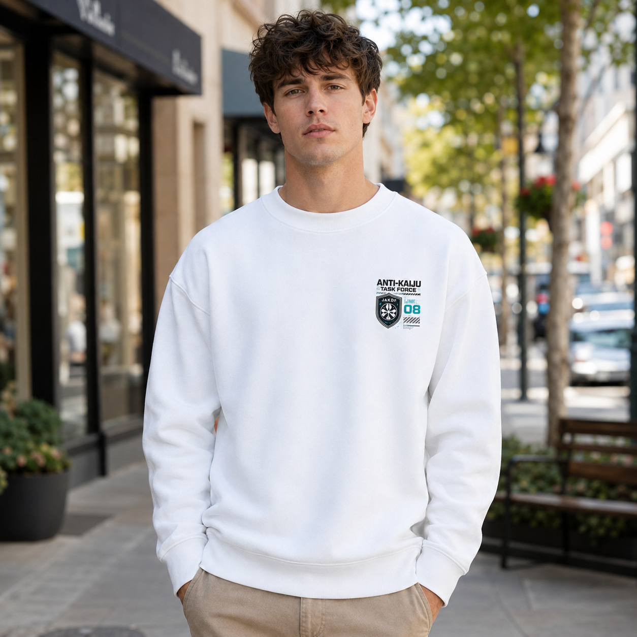 White sweatshirt with Kafka Hibino & Mina Ashiro Kaiju No. 8 Anti-Kaiju Task Force graphic – photo 4