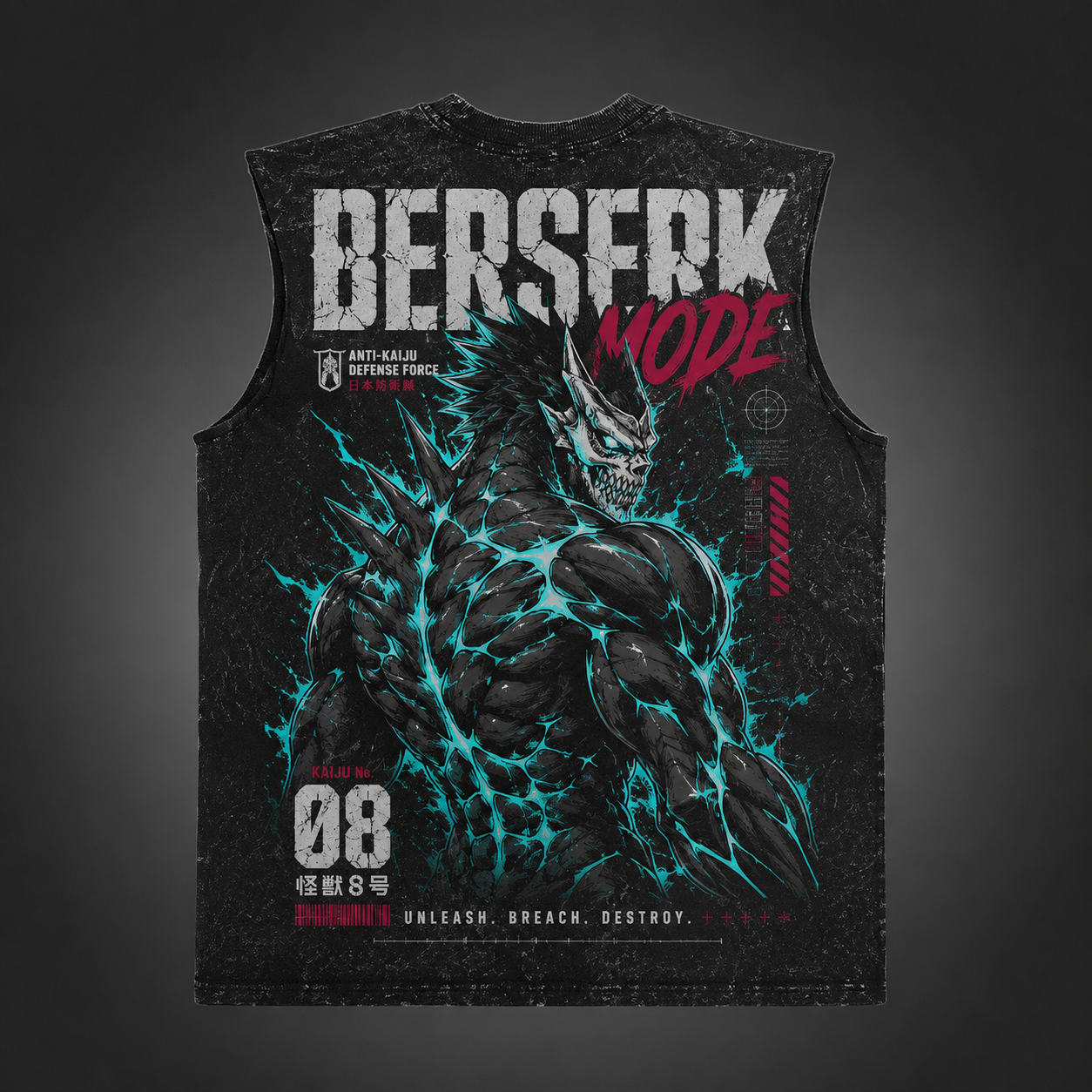 Washed black tank top with Kaiju No. 8 Berserk Mode graphic – photo 2
