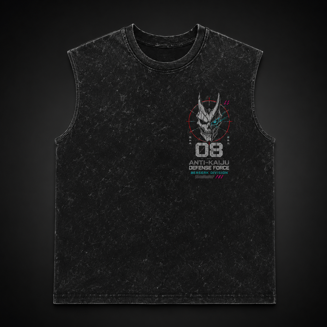 Washed black tank top with Kaiju No. 8 Berserk Onslaught graphic – photo 1