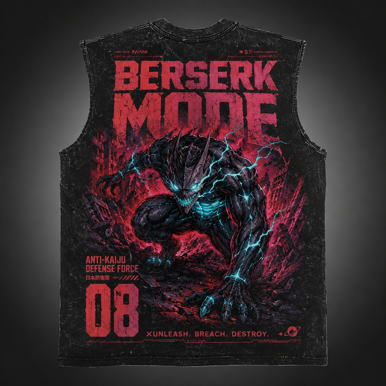 Washed black tank top with Kaiju No. 8 Berserk Onslaught graphic – photo 2