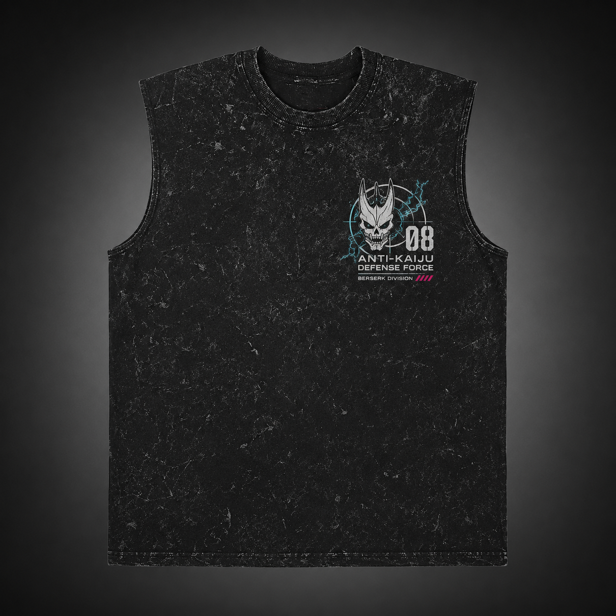 Washed black tank top with Kaiju No. 8 Berserk Rampage graphic – photo 1