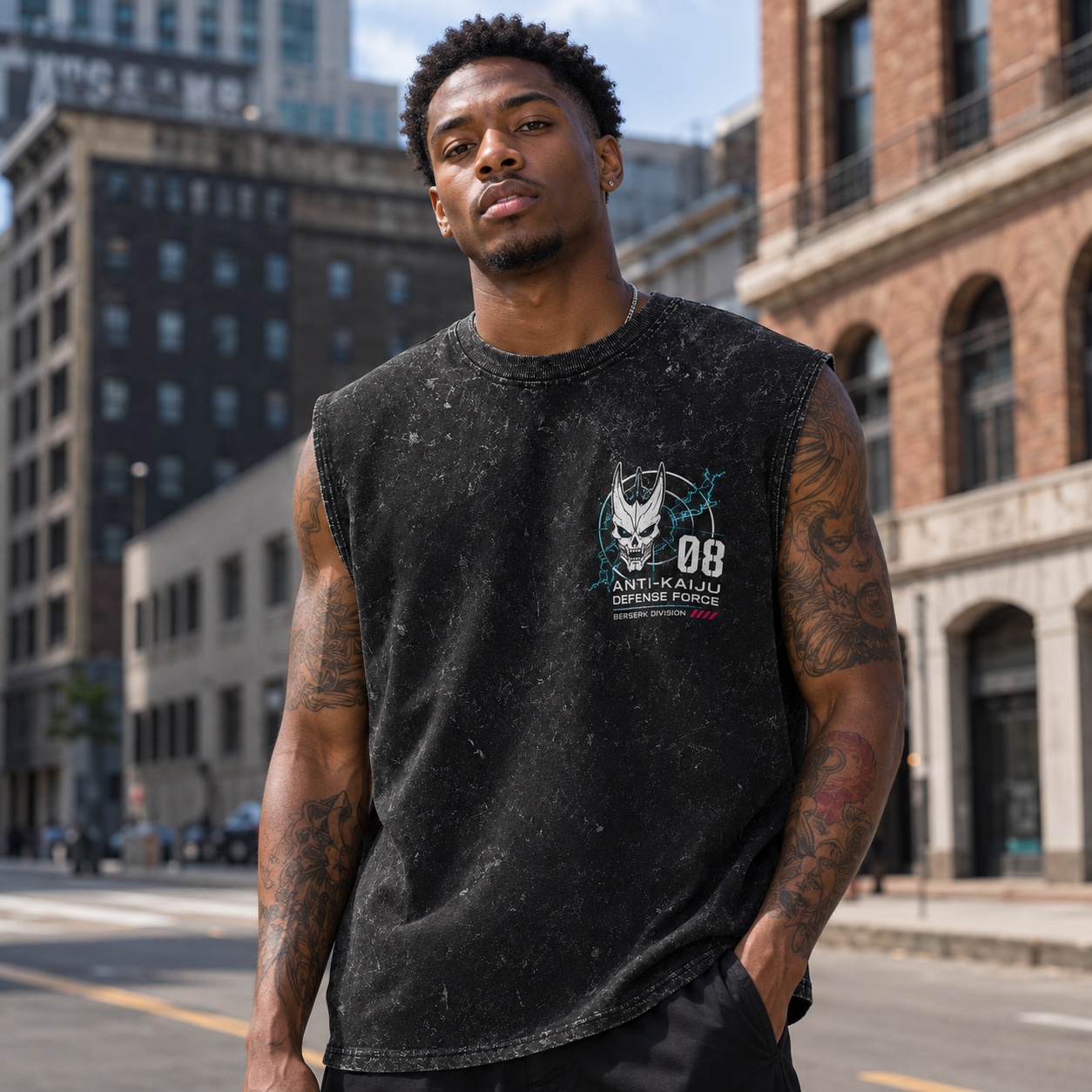 Washed black tank top with Kaiju No. 8 Berserk Rampage graphic – photo 3