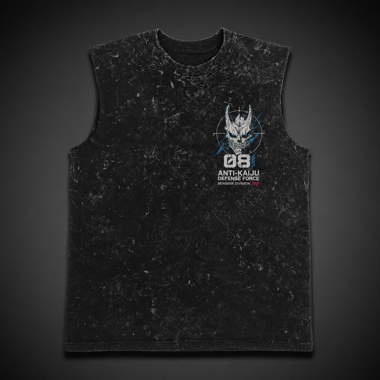 Washed black tank top with Kaiju No. 8 Berserk Ruins graphic – photo 2