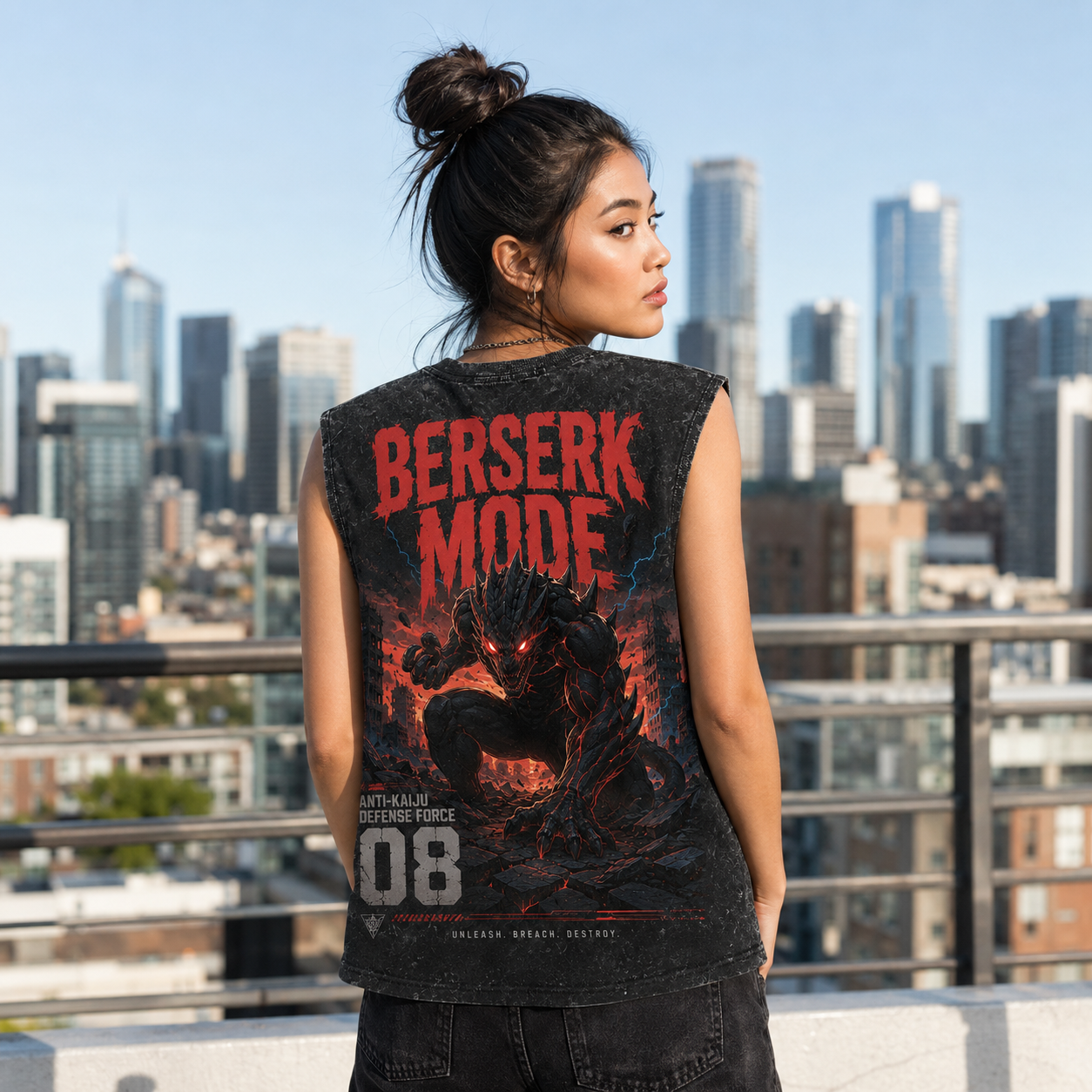 Washed black tank top with Kaiju No. 8 Berserk Ruins graphic – photo 3