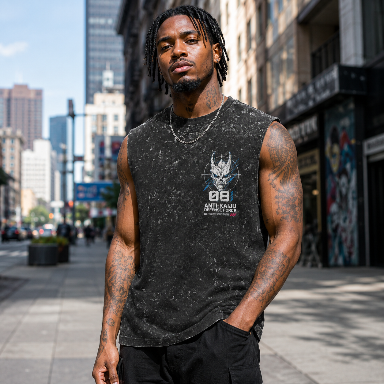 Washed black tank top with Kaiju No. 8 Berserk Ruins graphic – photo 4
