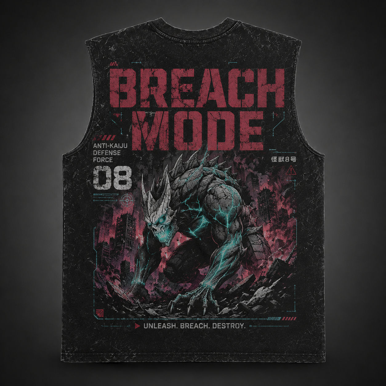 Washed black tank top with Kaiju No. 8 Breach Mode graphic – photo 1