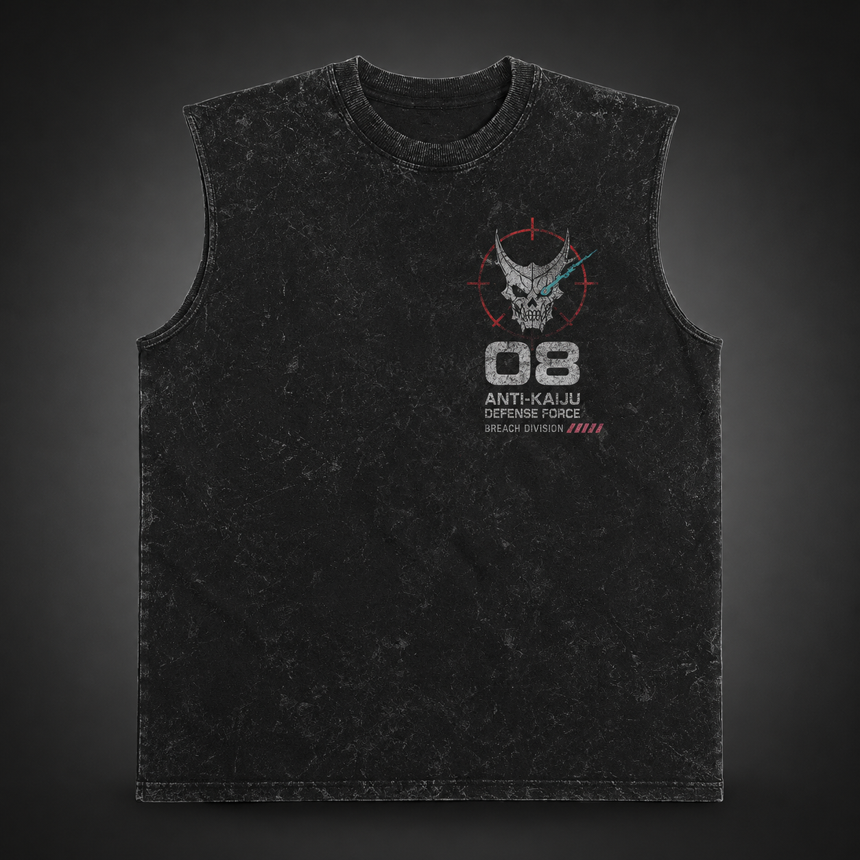 Washed black tank top with Kaiju No. 8 Breach Mode graphic – photo 2
