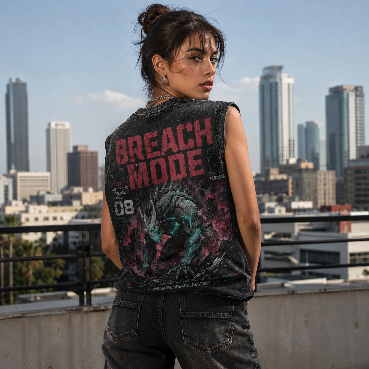 Washed black tank top with Kaiju No. 8 Breach Mode graphic – photo 3