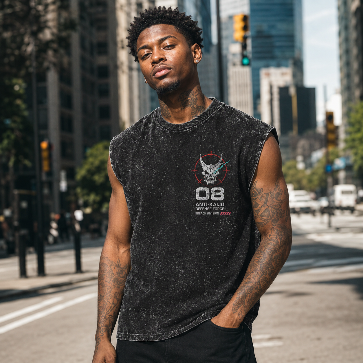 Washed black tank top with Kaiju No. 8 Breach Mode graphic – photo 4