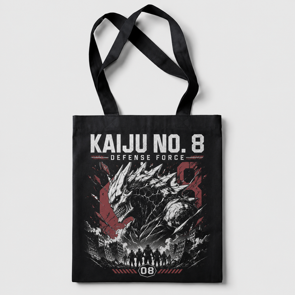 Black tote bag with Kaiju No. 8 City Under Siege graphic – photo 1