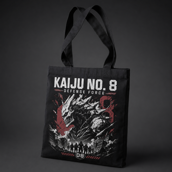 Black tote bag with Kaiju No. 8 City Under Siege graphic – photo 2