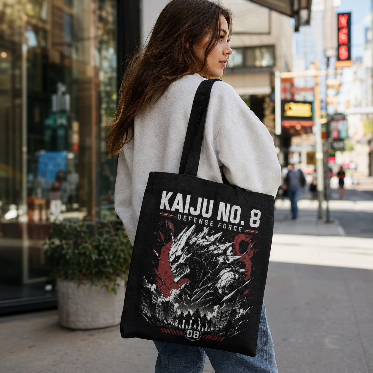 Black tote bag with Kaiju No. 8 City Under Siege graphic – photo 3