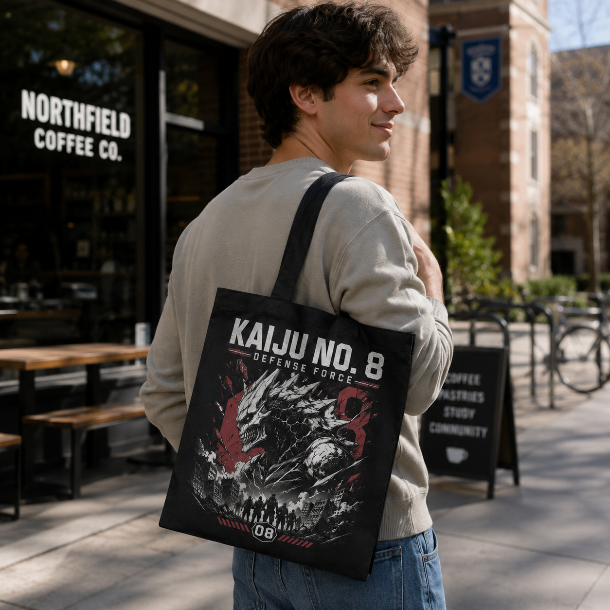 Black tote bag with Kaiju No. 8 City Under Siege graphic – photo 4