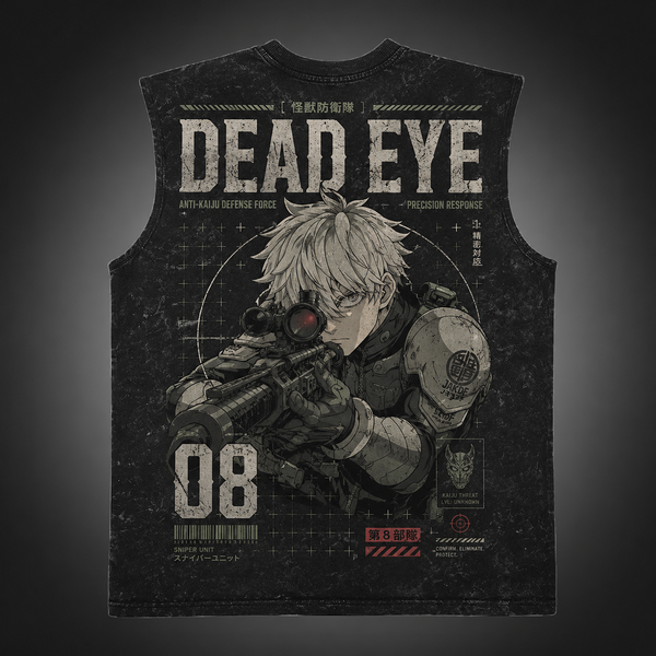 Washed black tank top with Kaiju No. 8 Dead Eye graphic – photo 2