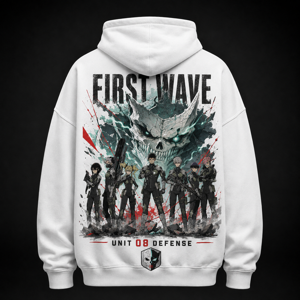White hoodie with Kaiju No. 8 First Wave Defense graphic – photo 1