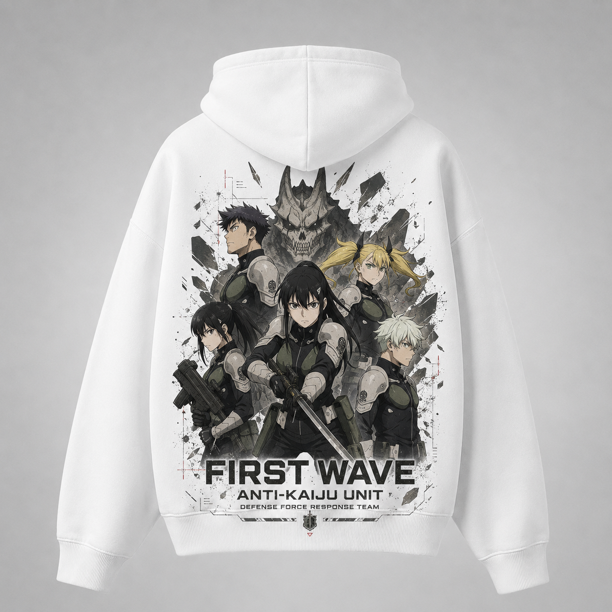 White hoodie with Kaiju No. 8 First Wave Unit graphic – photo 1