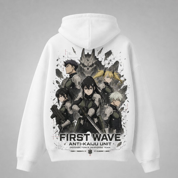 White hoodie with Kaiju No. 8 First Wave Unit graphic – photo 1