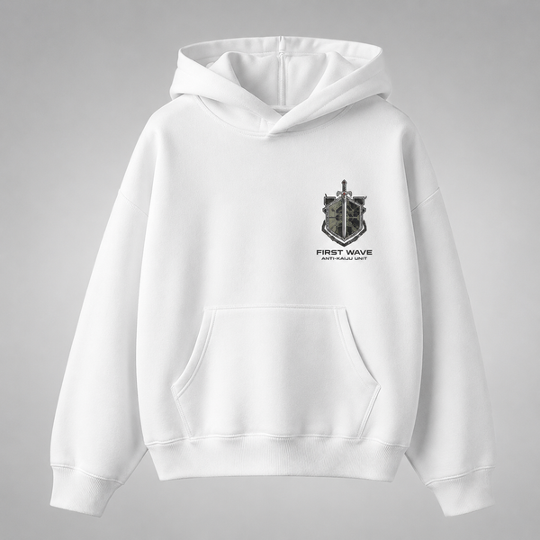 White hoodie with Kaiju No. 8 First Wave Unit graphic – photo 2