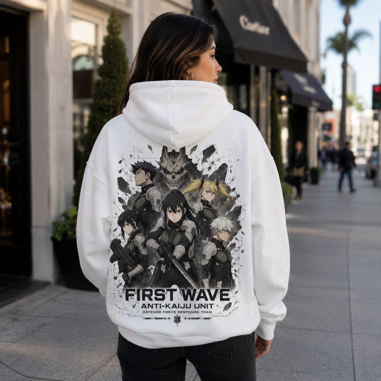 White hoodie with Kaiju No. 8 First Wave Unit graphic – photo 3