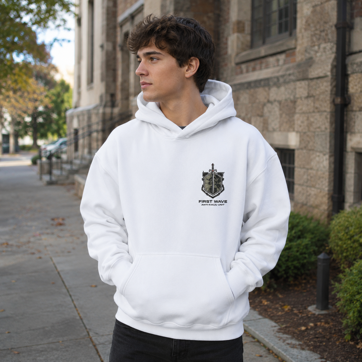 White hoodie with Kaiju No. 8 First Wave Unit graphic – photo 4