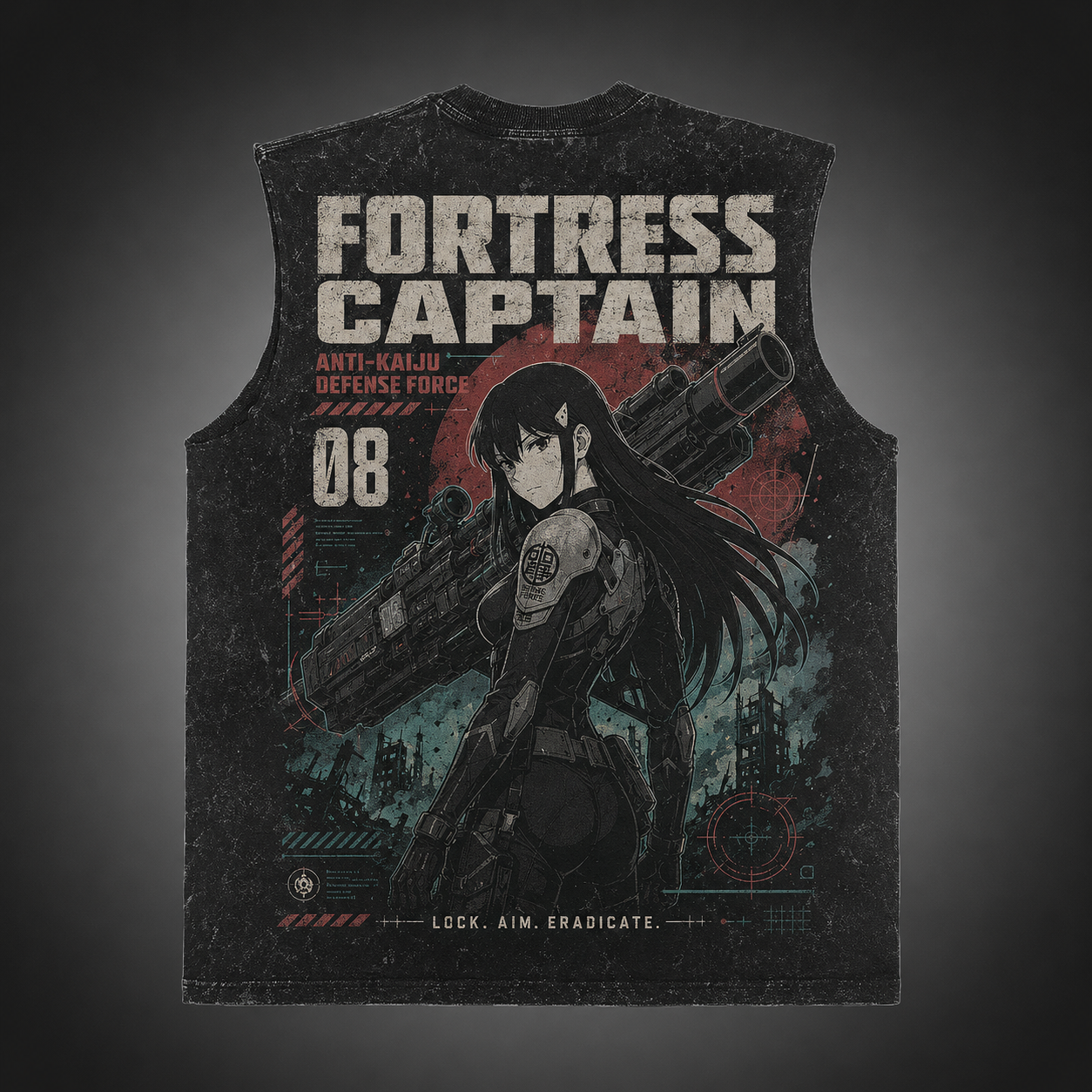 Washed black tank top with Kaiju No. 8 Fortress Captain graphic – photo 1