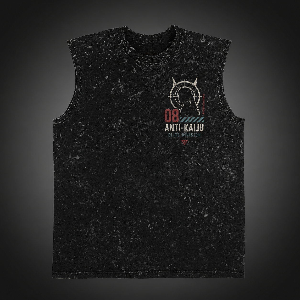 Washed black tank top with Kaiju No. 8 Fortress Captain graphic – photo 2