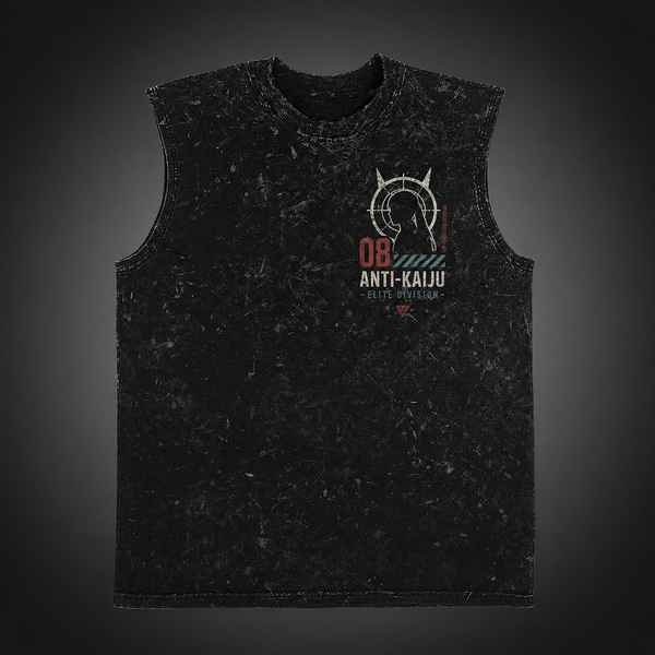 Washed black tank top with Kaiju No. 8 Fortress Captain graphic – photo 2