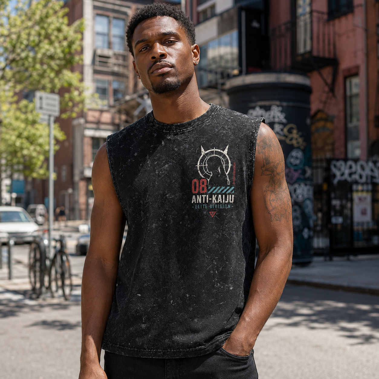 Washed black tank top with Kaiju No. 8 Fortress Captain graphic – photo 4