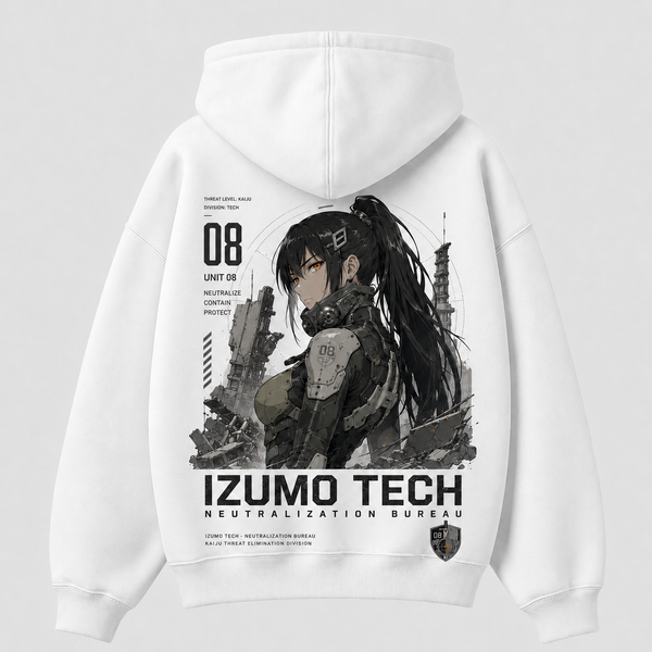 White hoodie with Kaiju No. 8 Izumo Tech Bureau graphic – photo 1