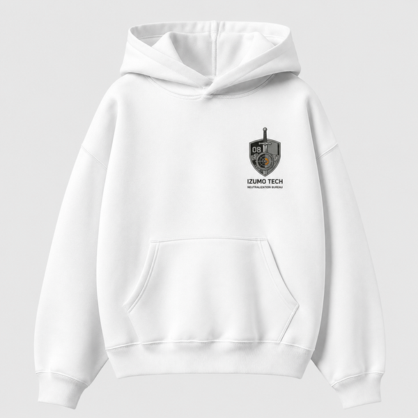 White hoodie with Kaiju No. 8 Izumo Tech Bureau graphic – photo 2
