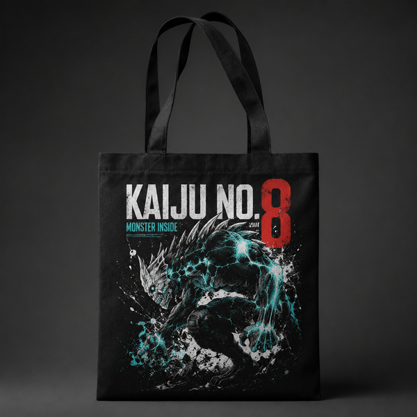 Black tote bag with Kaiju No. 8 Monster Inside graphic – photo 1