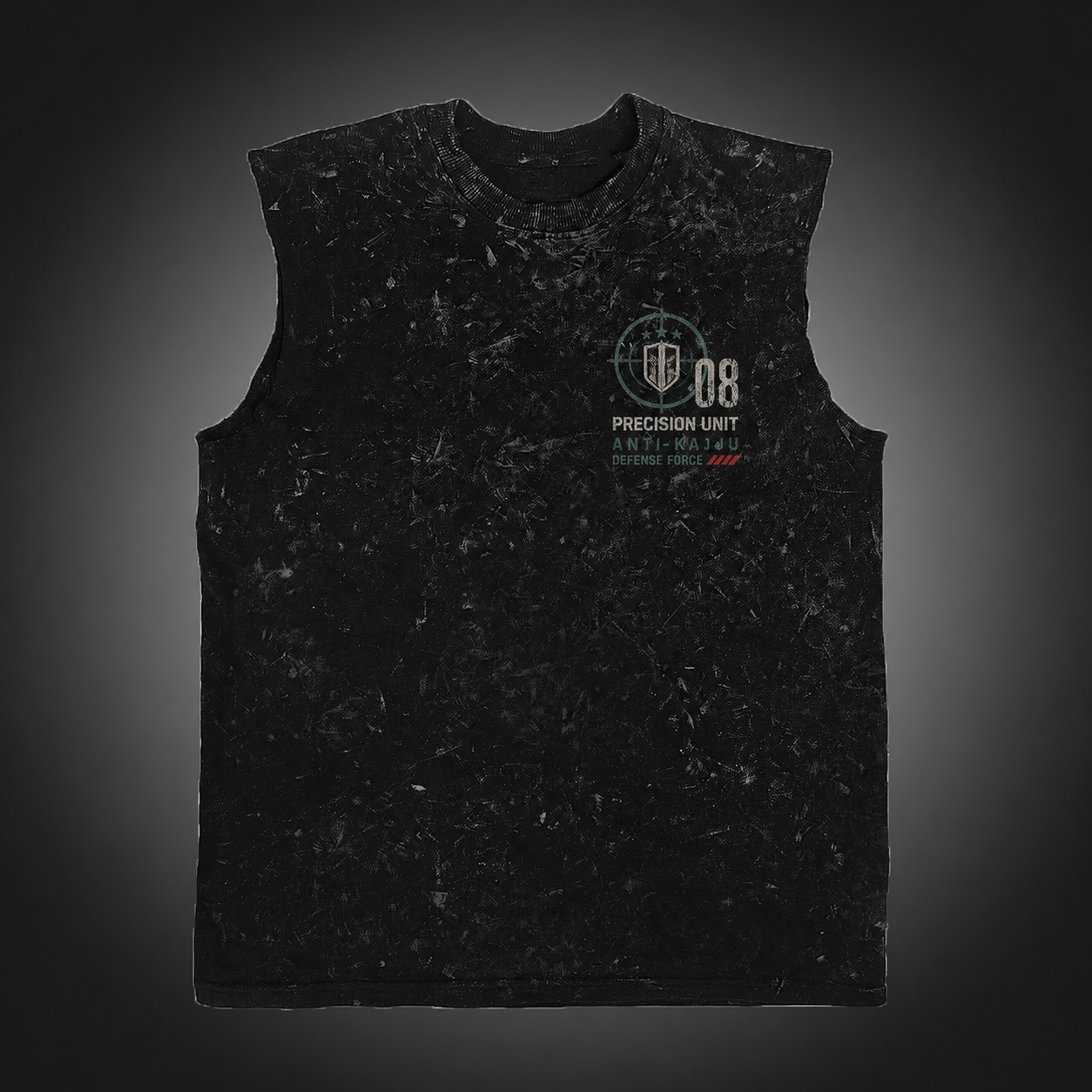 Washed black tank top with Kaiju No. 8 Precision Hunter graphic – photo 1