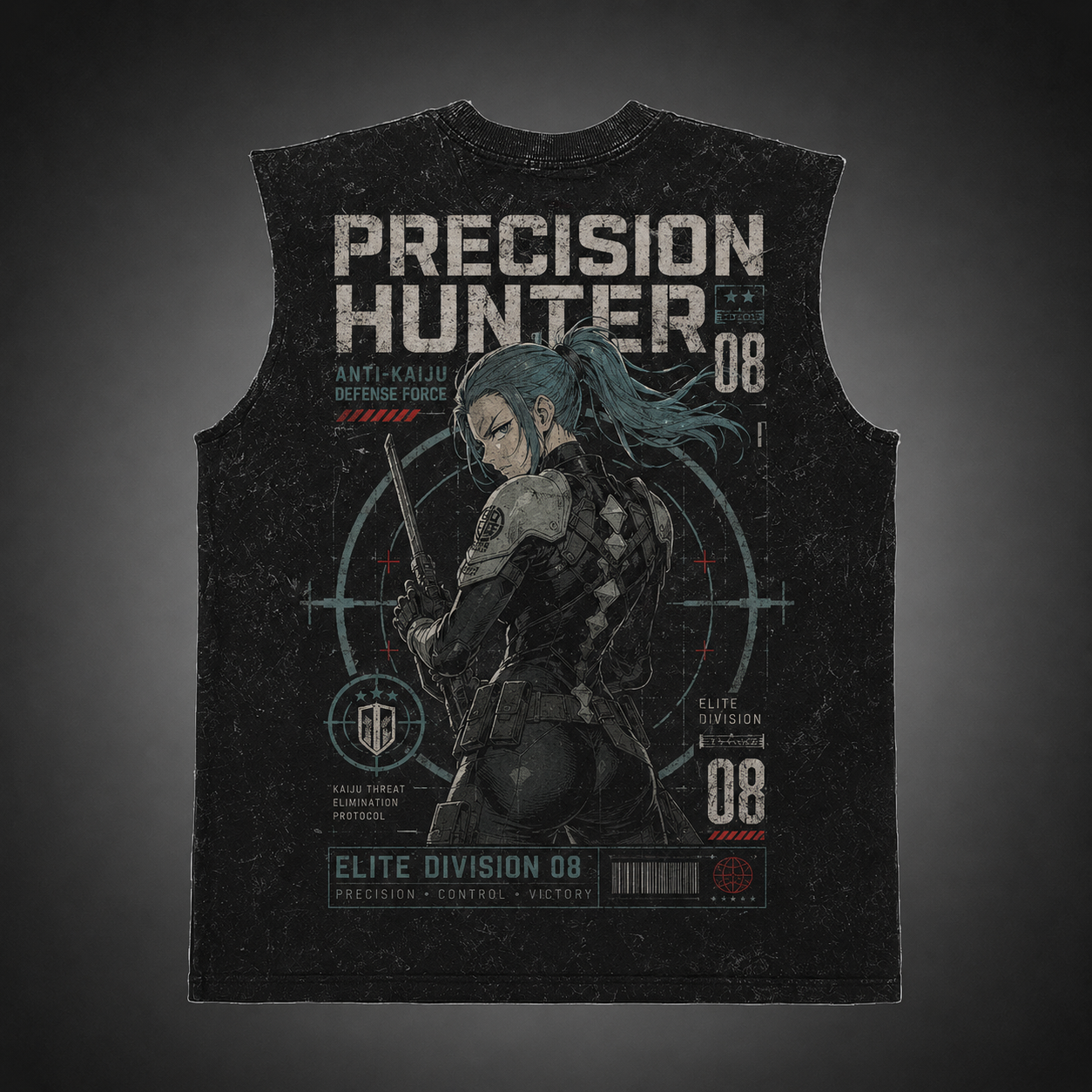 Washed black tank top with Kaiju No. 8 Precision Hunter graphic – photo 2