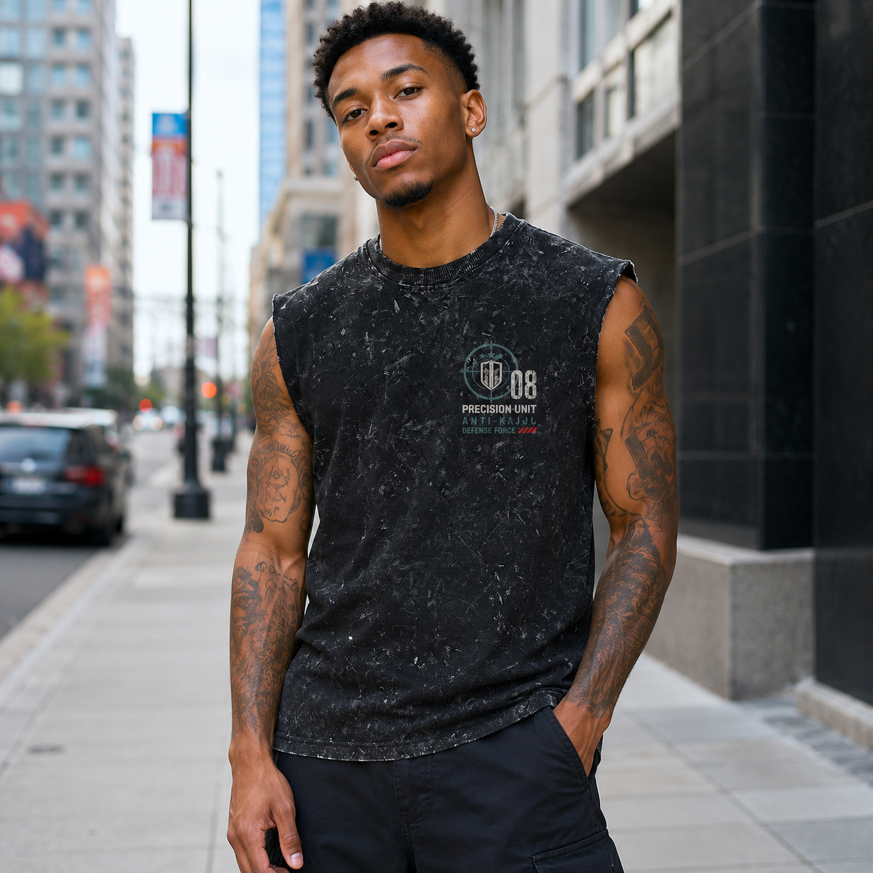 Washed black tank top with Kaiju No. 8 Precision Hunter graphic – photo 3