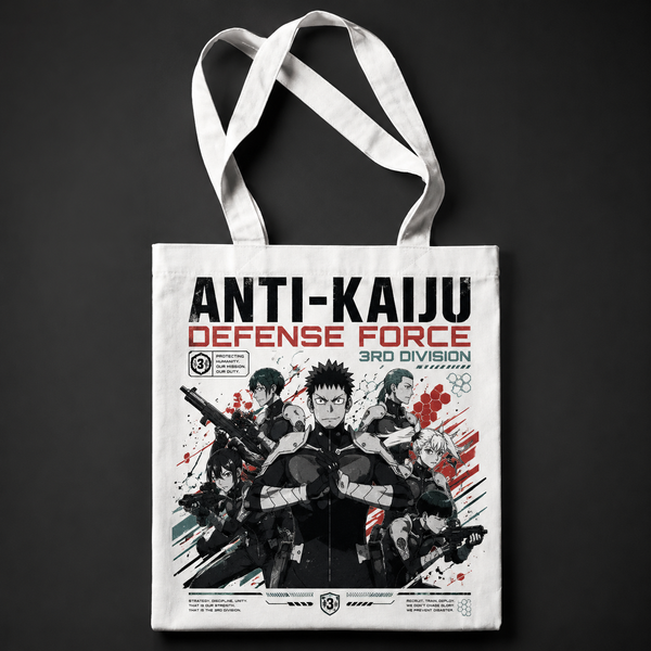 Natural tote bag with Kaiju No. 8 Third Division Squad graphic – photo 1