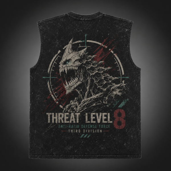 Washed black tank top with Kaiju No. 8 Threat Level 8 graphic – photo 2