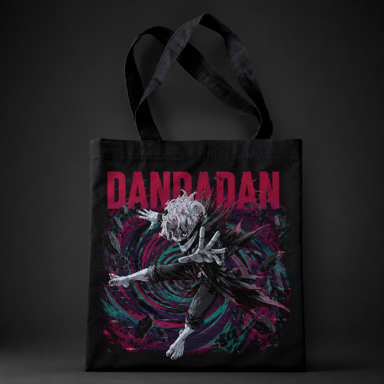 Black tote bag with Ken Takakura Dandadan Spiral Descent graphic – photo 1