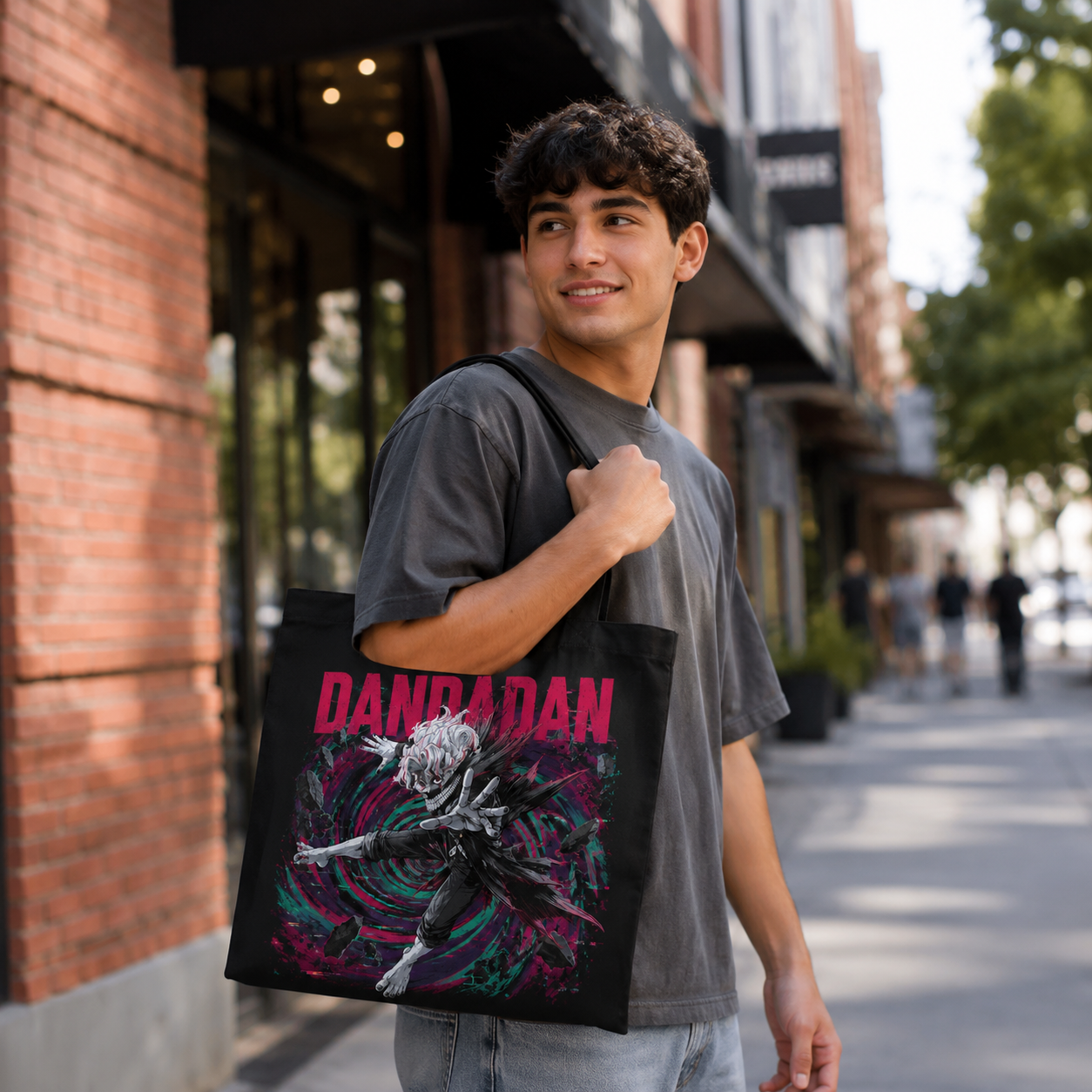Black tote bag with Ken Takakura Dandadan Spiral Descent graphic – photo 3