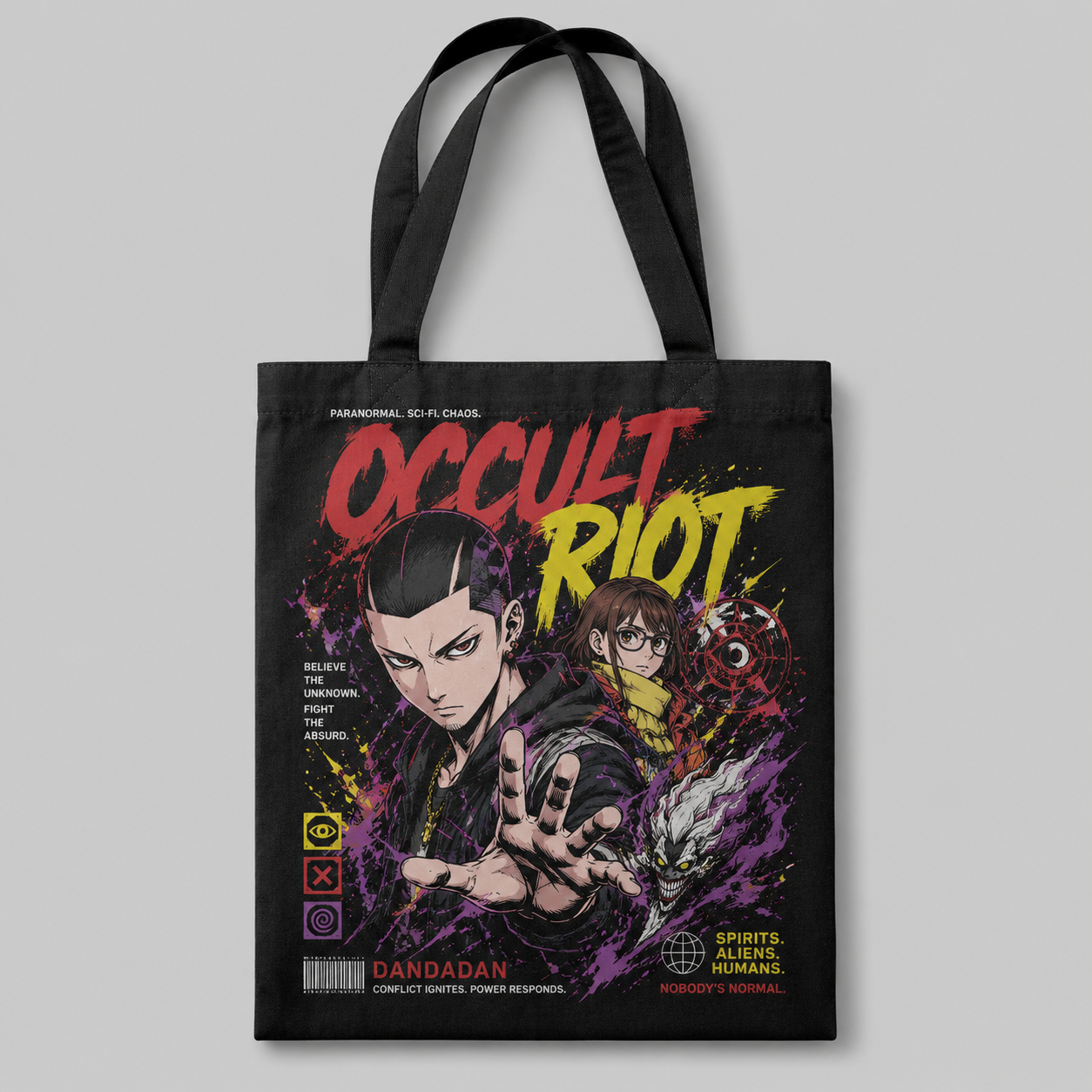 Black tote bag with Ken Takakura & Momo Ayase Dandadan Occult Riot graphic – photo 1