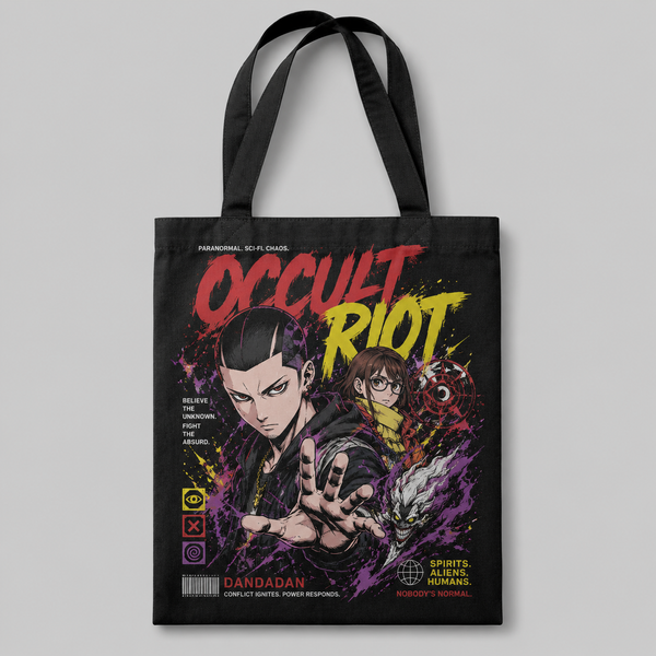Black tote bag with Ken Takakura & Momo Ayase Dandadan Occult Riot graphic – photo 1