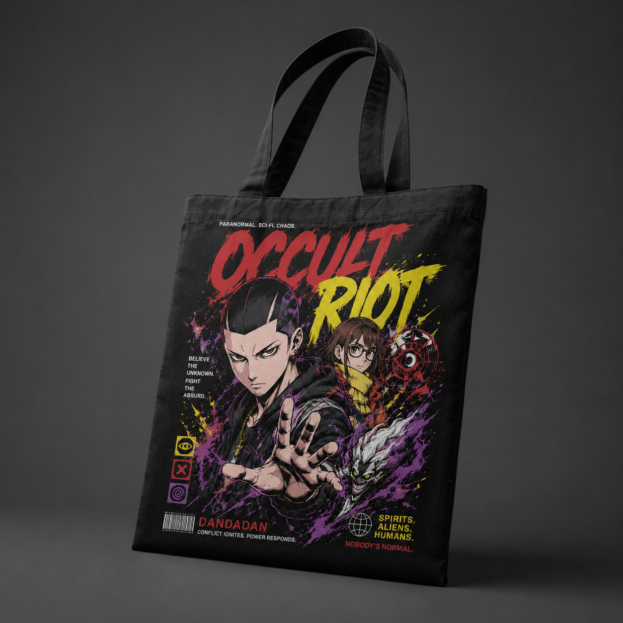 Black tote bag with Ken Takakura & Momo Ayase Dandadan Occult Riot graphic – photo 2