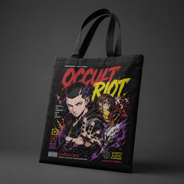 Black tote bag with Ken Takakura & Momo Ayase Dandadan Occult Riot graphic – photo 2
