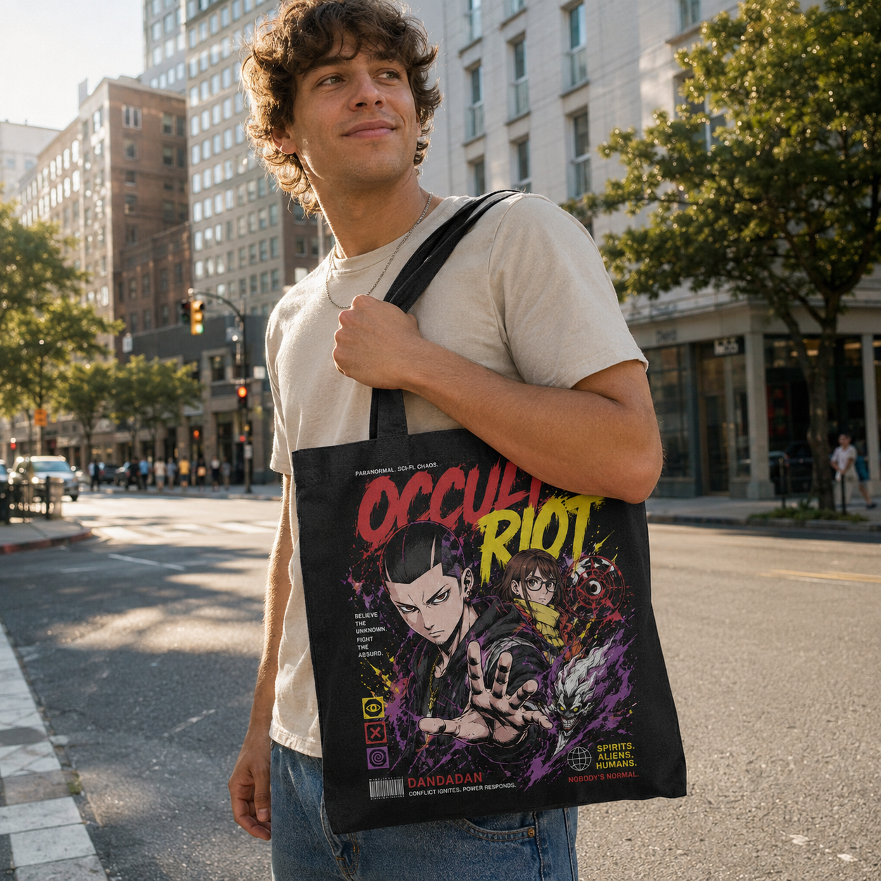 Black tote bag with Ken Takakura & Momo Ayase Dandadan Occult Riot graphic – photo 4